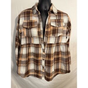 Miss Sparkle Size Medium Gathered Plaid Pocket Top‎ Peplum Button Up